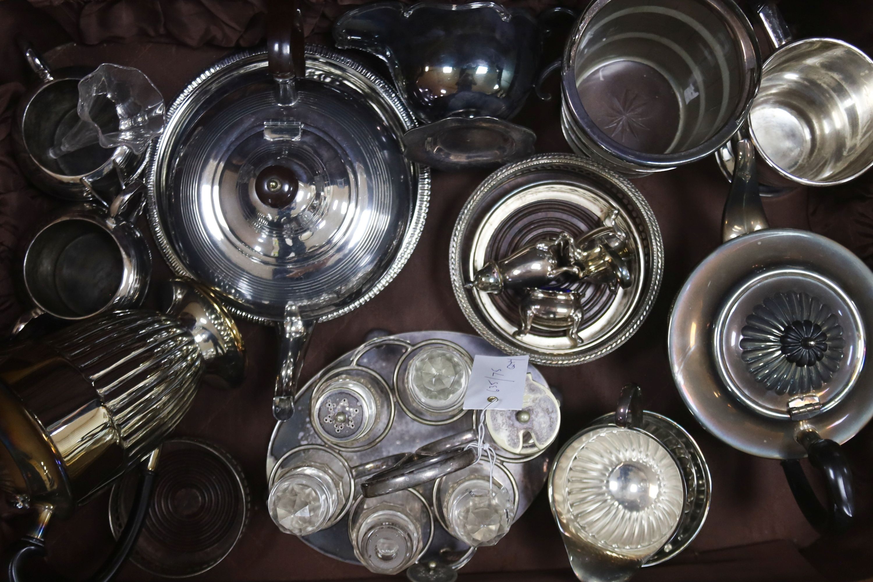 A plated six-bottle crust stand and a quantity of plated wares